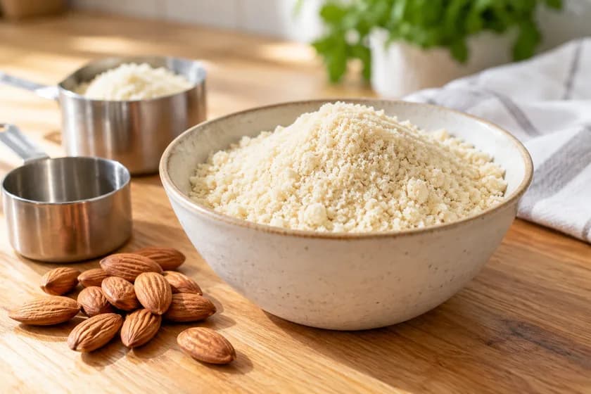 Bowl of almond flour on a kitchen counter for checking if almond flour is low FODMAP