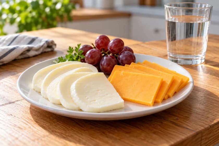 Plate of low-fat cheese slices on a kitchen table for checking if cheese is good for acid reflux