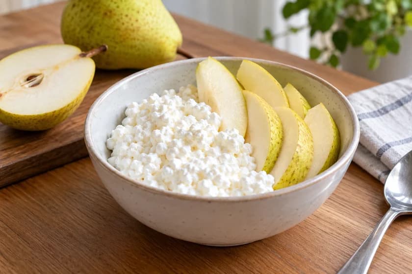 Bowl of low-fat cottage cheese with sliced pear showing cottage cheese is good for GERD