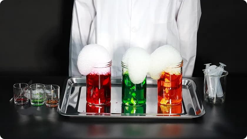 Foaming laboratory experiment illustrating a biphasic reaction after exposure