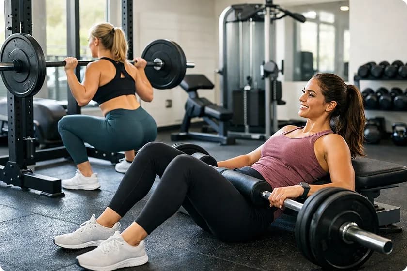 Full-body beginner workout routine for women with exercises such as squat, hinge, and push.
