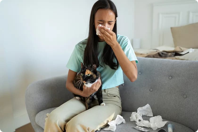 Woman holding cat experiencing symptoms for cat allergy treatment at home
