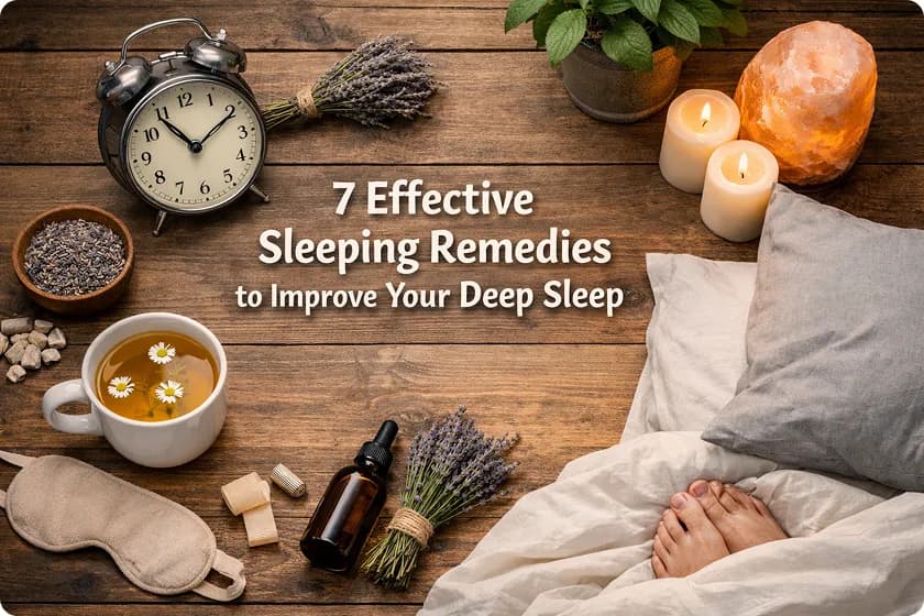 A calm sleeping setup with lavender and tea, ideal for sleeping remedies.