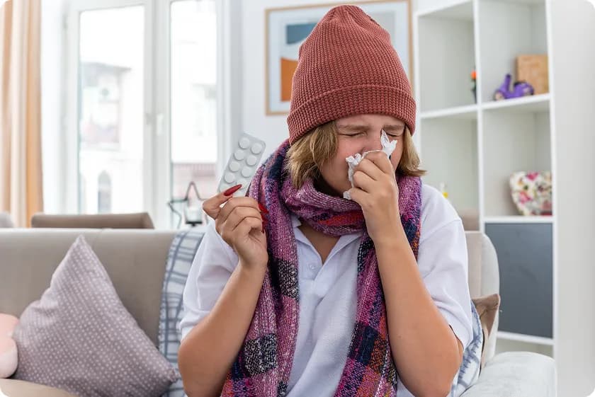 Individual sneezing with tissue due to winter allergies night discomfort.