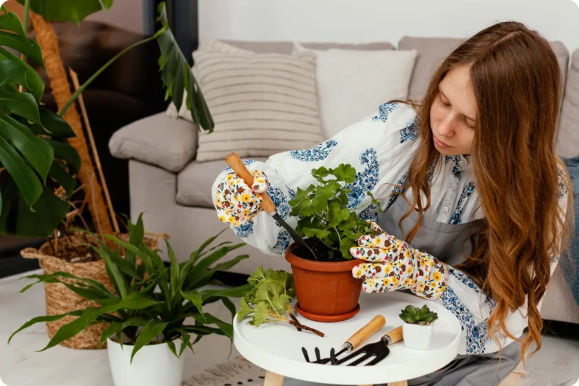 Woman smiling while adjusting air purifier for allergies after home indoor air quality testing.