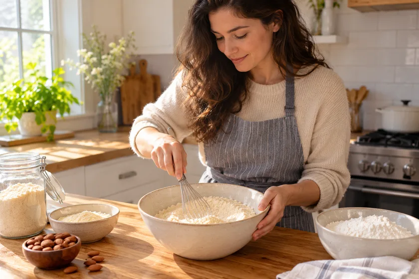 Woman blending almond flour with rice flour for low FODMAP baking at home