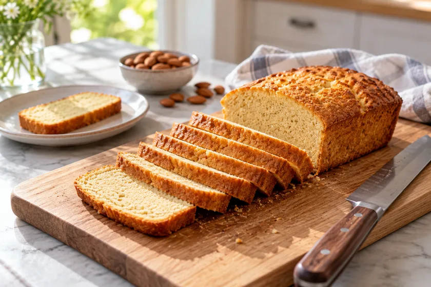 Sliced almond flour loaf cut into small portions to keep each slice low FODMAP