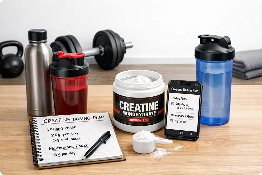 Creatine dosing plan shown with shaker bottles, tracking optimal time for creatine intake.