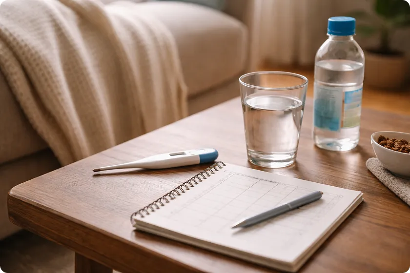 A glass of water, thermometer, and notebook to track symptoms, including constipation and nausea, during a fever.