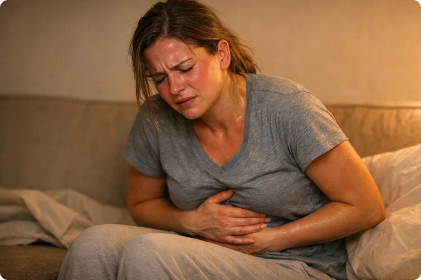 Woman experiencing severe abdominal pain due to constipation, with fever and nausea symptoms