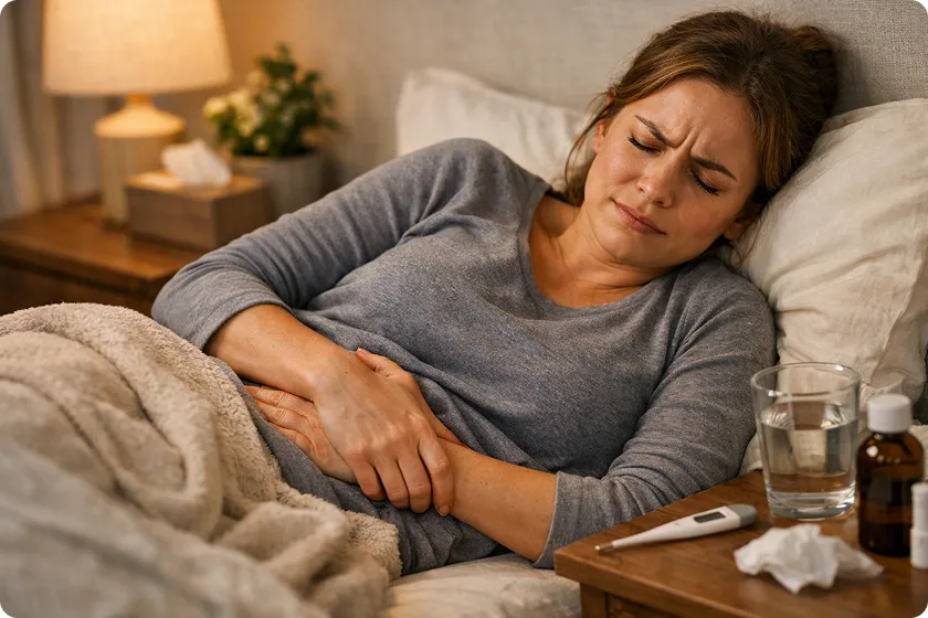 Woman in bed, suffering from constipation-induced fever and nausea, feeling unwell.