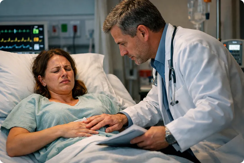 Doctor checking on a woman in the hospital, dealing with pain from constipation and potential vomiting.