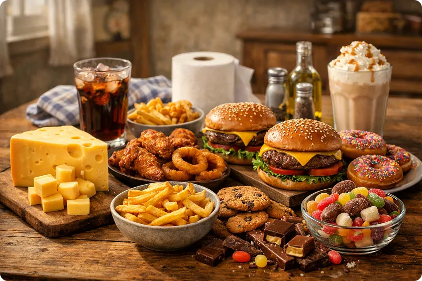 Cheese, burgers, and fries are common low fiber foods that cause constipation.