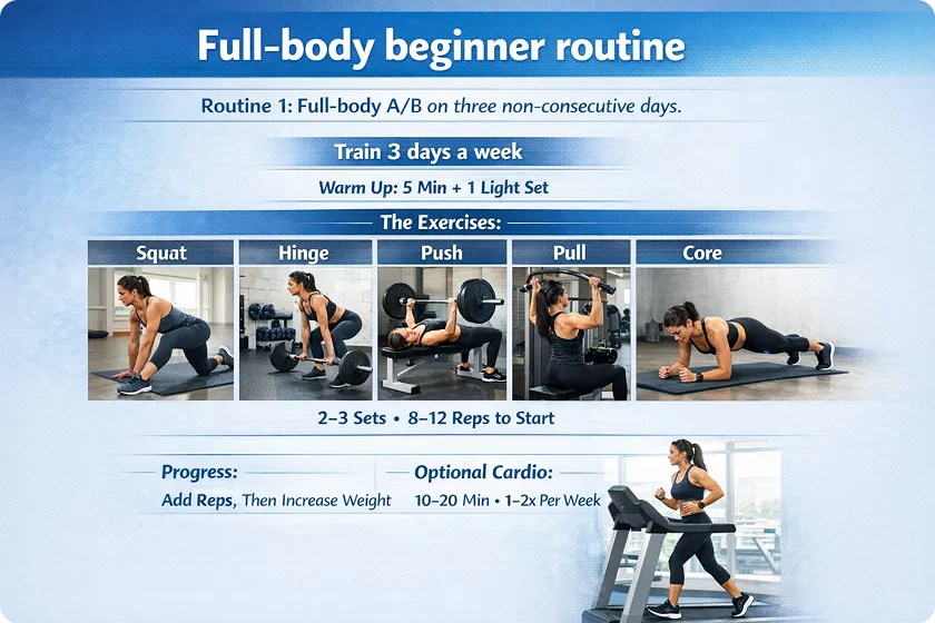 Two women performing strength exercises in the gym as part of a beginner workout plan for females.