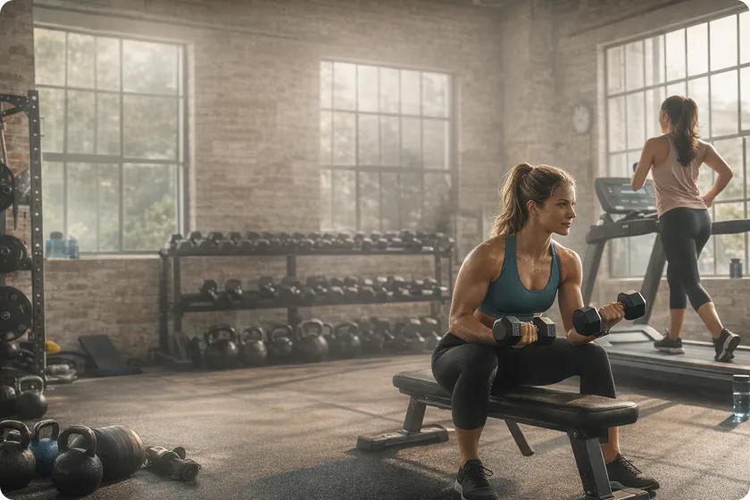 Full-body beginner routine with women performing various strength exercises in the gym.