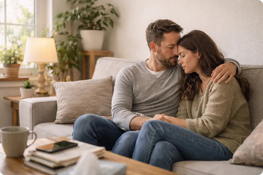 A couple sitting on the couch, comforting each other, with the wife feeling supported.