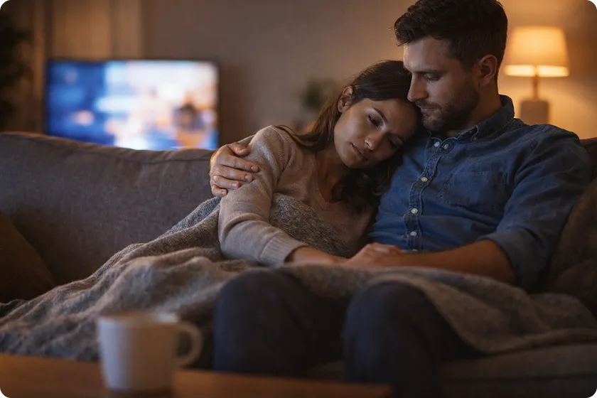 A couple enjoying a cozy moment, cuddled under a blanket, providing comfort.