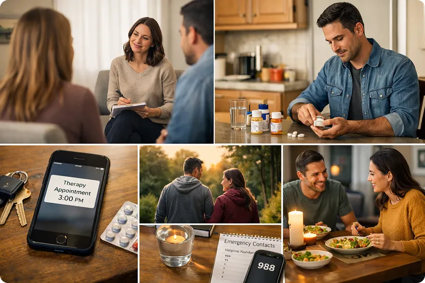 Various images representing ways to support a partner with depression, including therapy, medicine, and quality time.