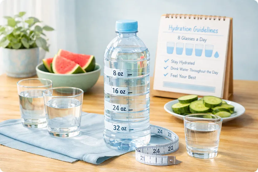 Water bottle with hydration guidelines and fresh fruits showing water intake recommendations. Primary keyword: How many ounces of water do you need a day.