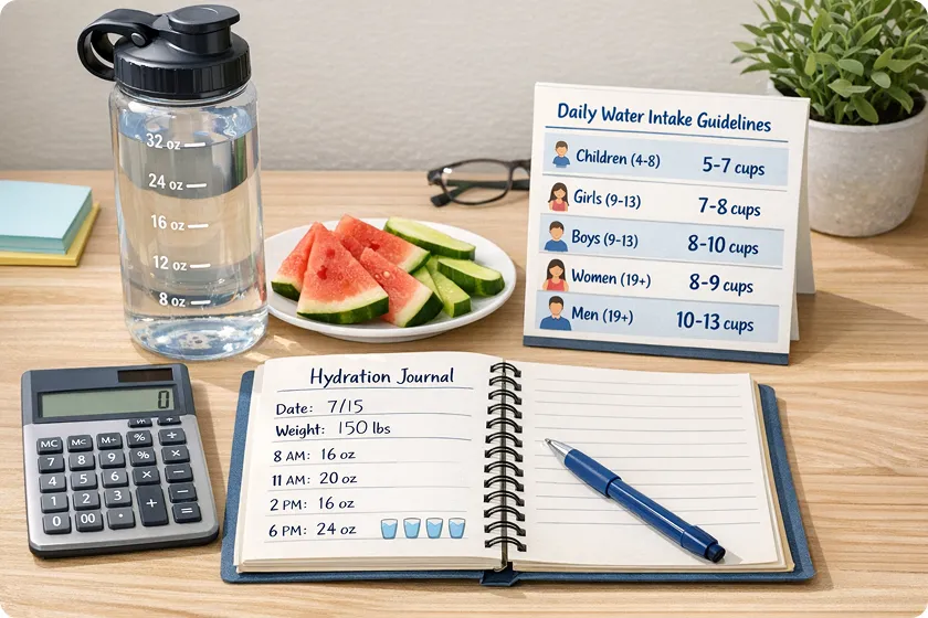 Daily water intake chart with a water bottle and fruit snacks. Secondary keyword: How many bottles of water should I drink a day.
