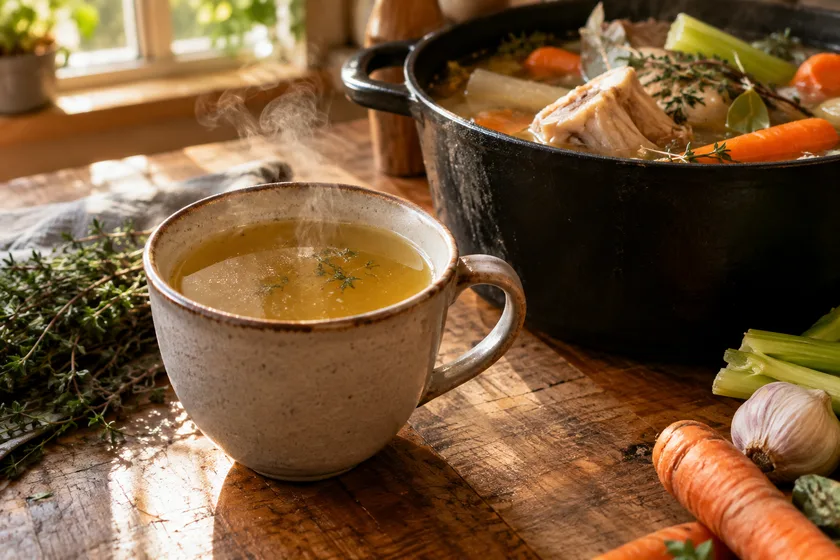Steaming mug of homemade broth on a table: is bone broth healthy?
