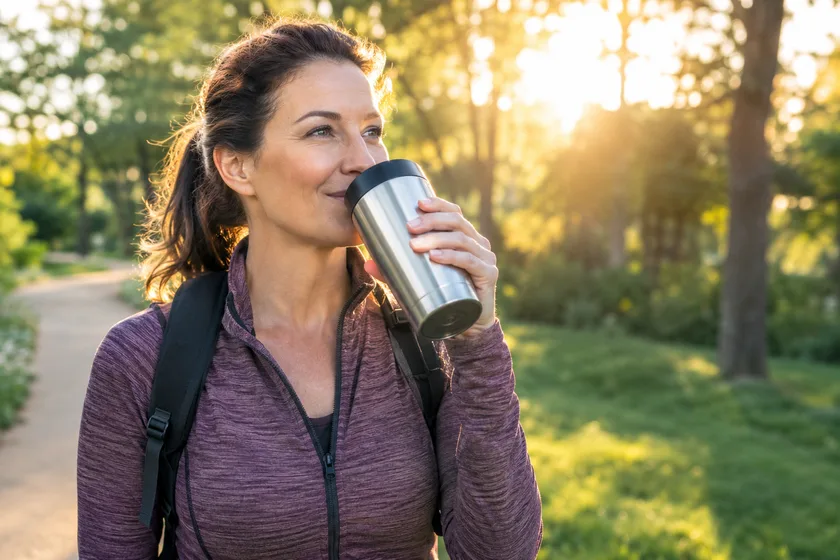 Active woman sipping bone broth protein after a walk, supporting joint health