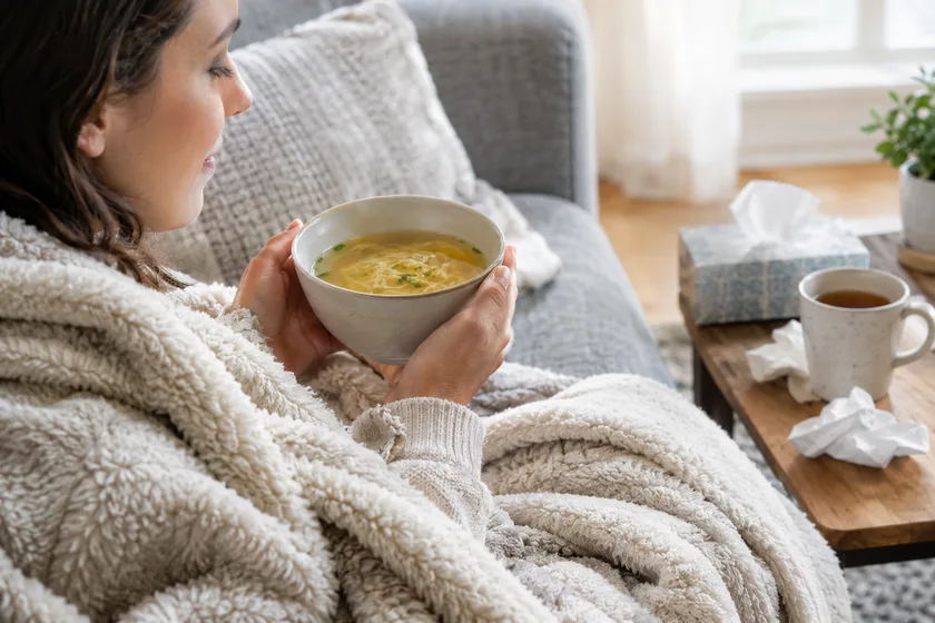 Person resting with a soothing bowl, enjoying gentle bone broth benefits