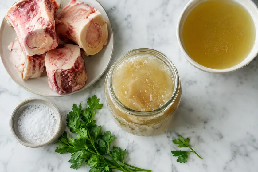 Chilled gelatin-rich jar showing bone broth nutrition alongside marrow bones and herbs