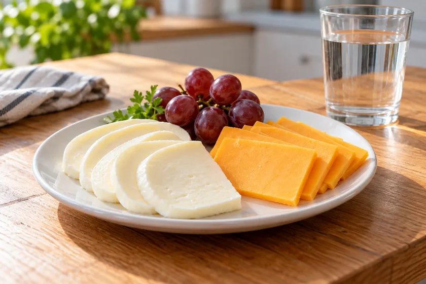Plate of low-fat cheese slices on a kitchen table for checking if cheese is good for acid reflux