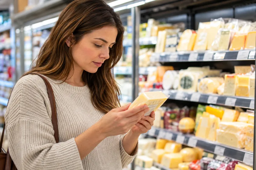 Woman choosing part-skim mozzarella and feta at a grocery store dairy case for a GERD diet