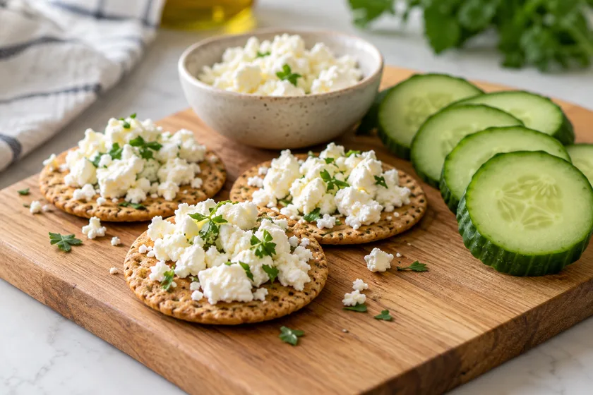 Small portion of feta on whole-grain crackers with cucumber as a gentle acid reflux snack