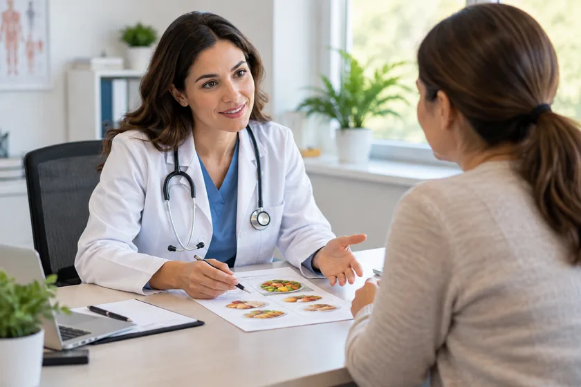 Doctor discussing a GERD diet and cheese choices with an adult patient in a clinic