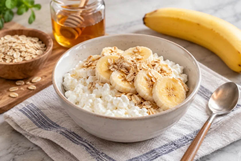 Small bowl of cottage cheese with banana and oats as a gentle GERD friendly breakfast