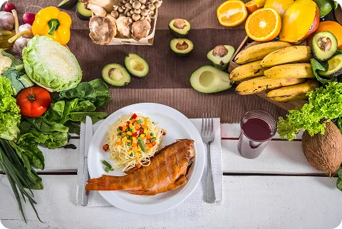 Balanced meal with fish and foods that are low carb high fat