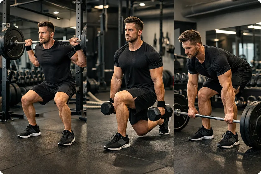 Man performing leg day exercises with weights to build leg muscle strength.
