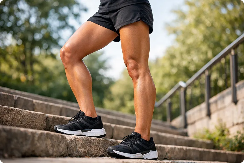 Woman performing lower body exercises for women while stepping up stairs.
