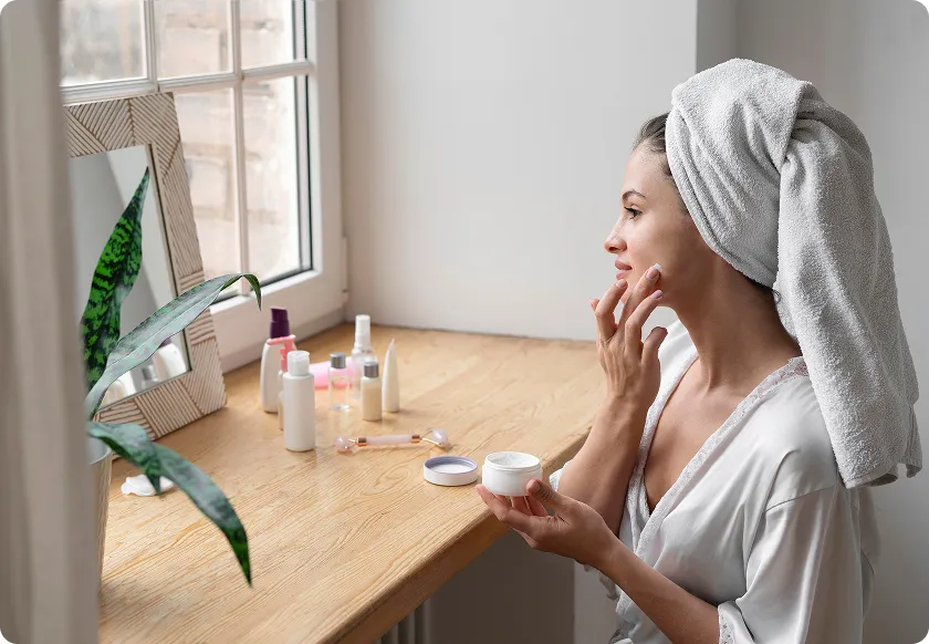 Confused woman evaluates makeup choices for better skin barrier function