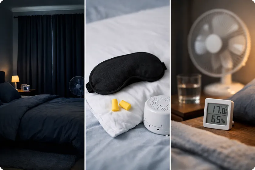A tranquil bedroom setting with warm lights and a calming atmosphere for sleep.
