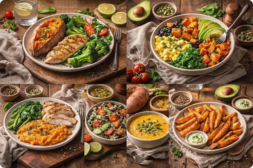 Various sweet potato meals including roasted, mashed, and fried, promoting sweet potato and losing weight.