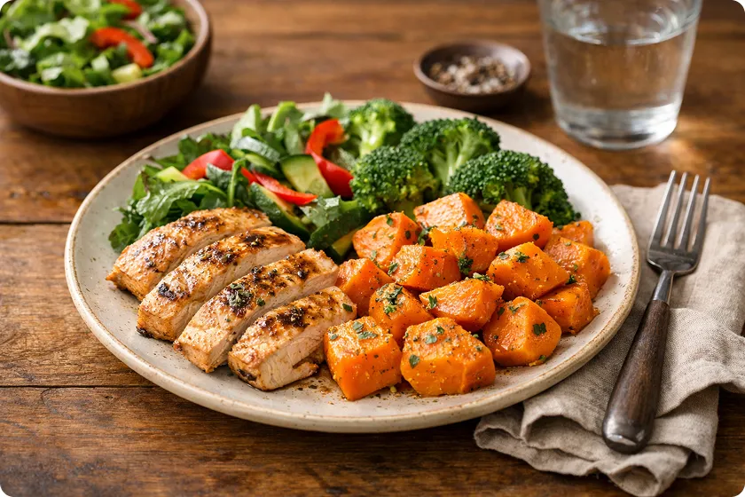 Grilled chicken with sweet potato cubes, showcasing potatoes for weight loss.