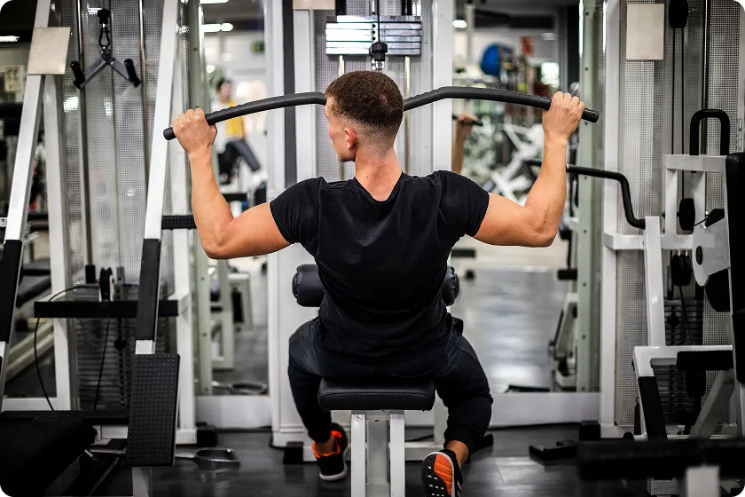 Correct push-up technique in upper body workout for men with dumbbells